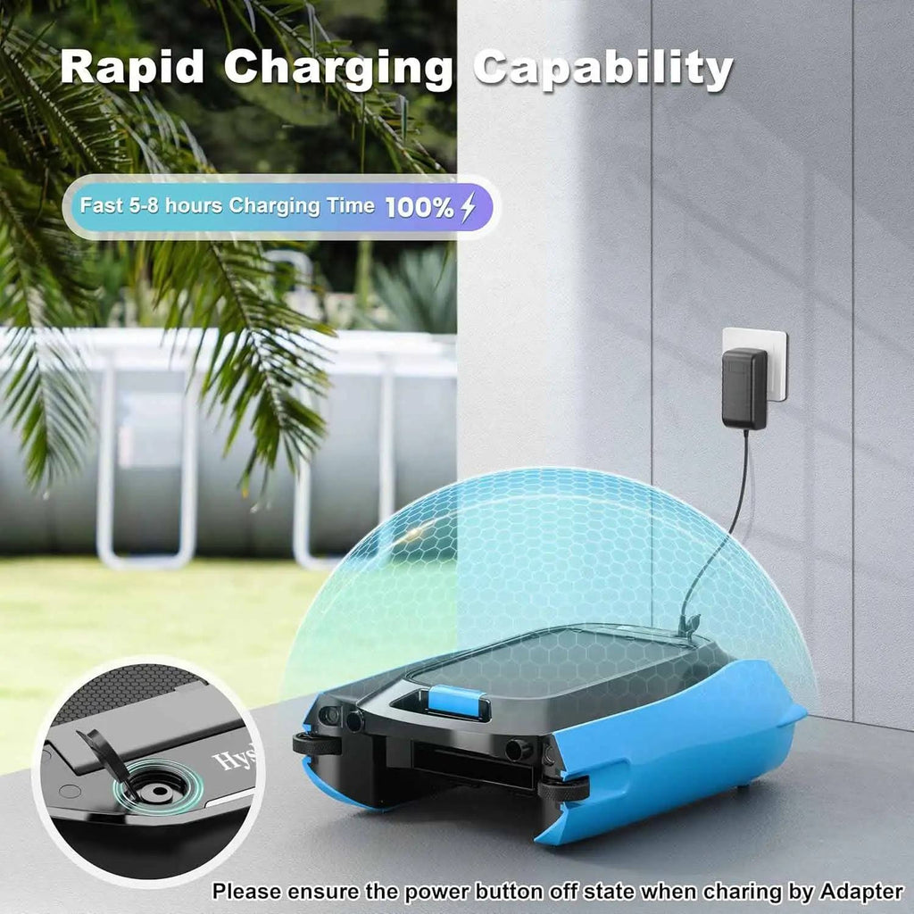 Robotic vacuum cleaner with charging station and text about rapid charging capability.