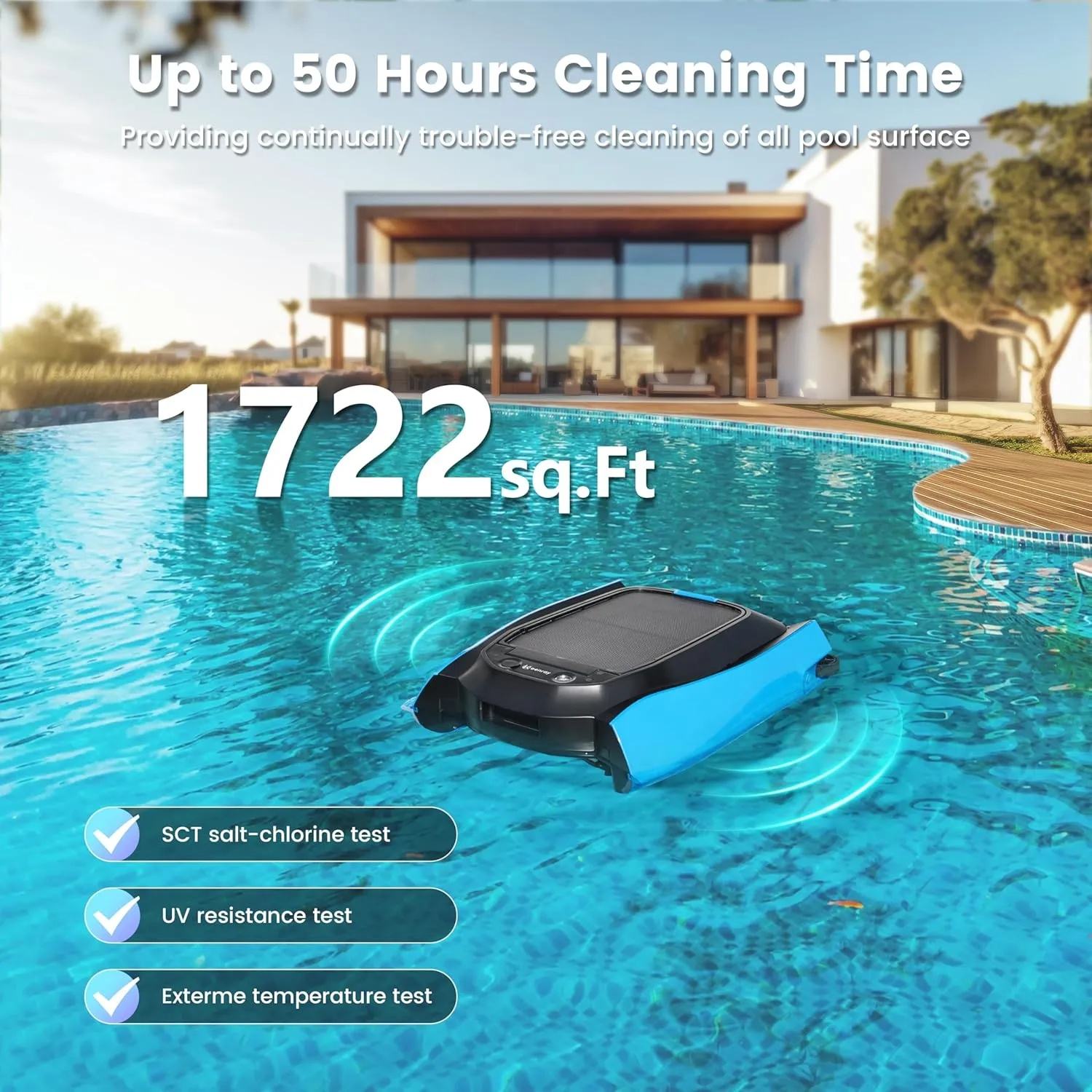 Pool cleaning device in a pool with text about cleaning time and area covered, set against a house and garden background.