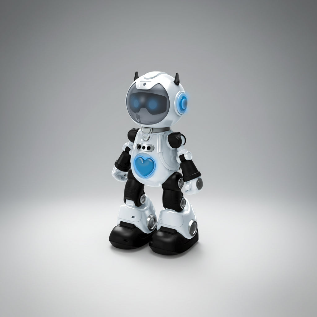 Toy robot with a white and black color scheme on a white background