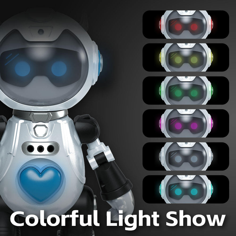 Toy robot with colorful light show options on a dark background