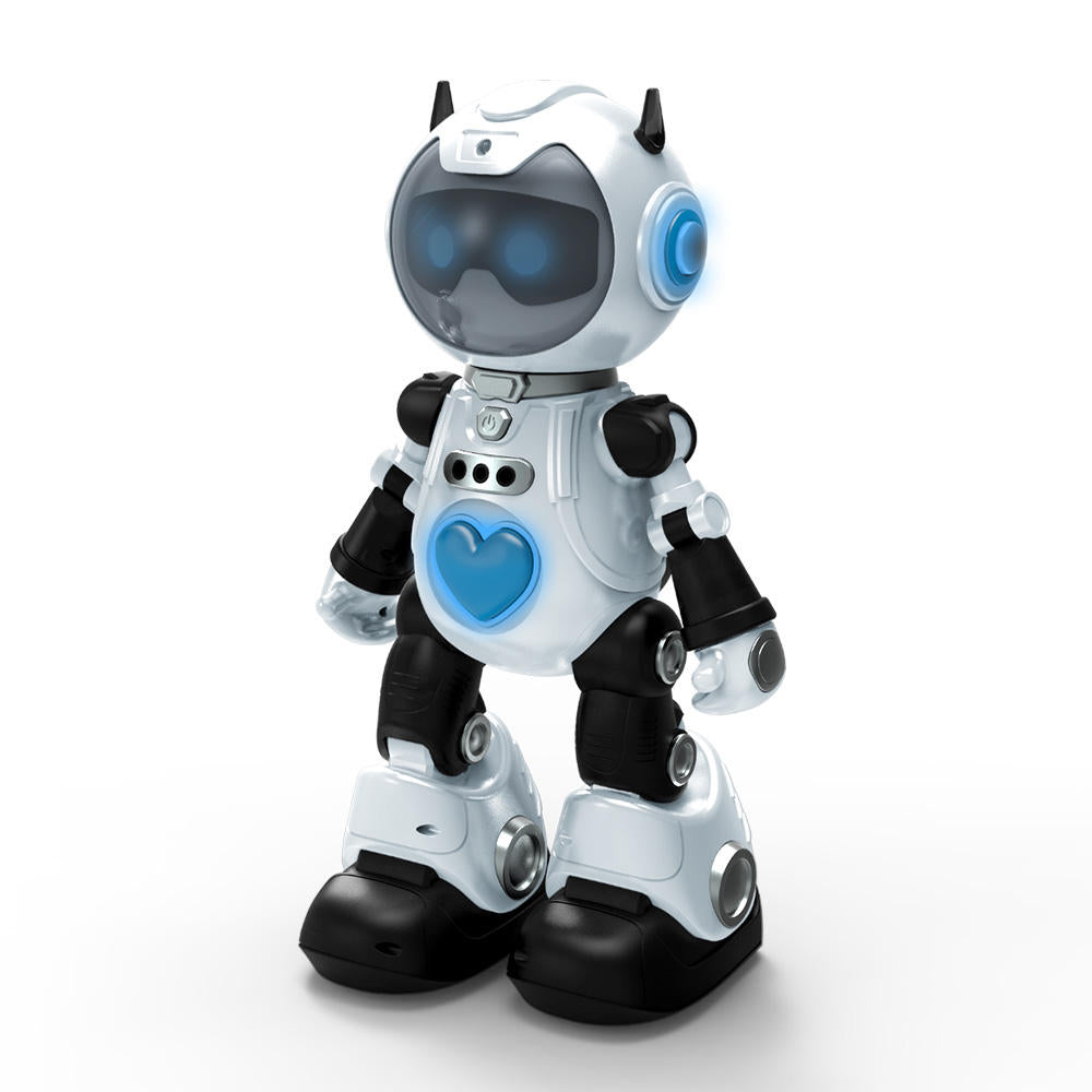 Toy robot with a white and black color scheme on a white background