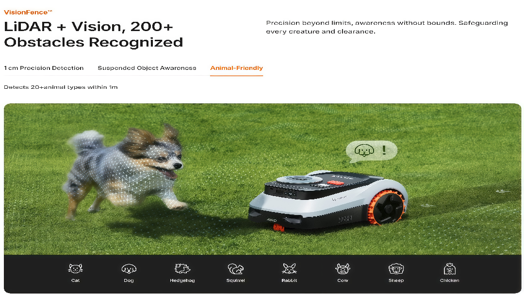 Robotic lawn mower with dog on grass, featuring LIDAR + Vision technology.