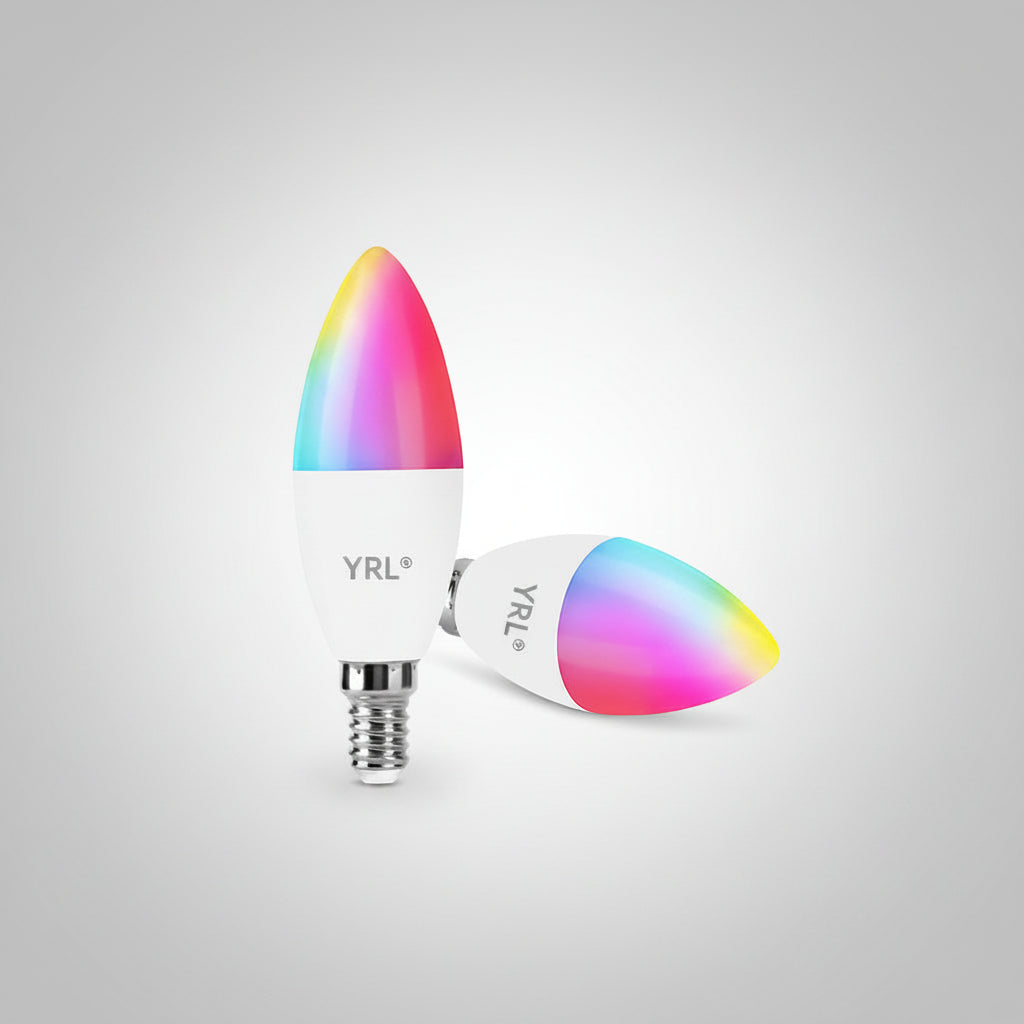 Two YRL flame-shaped LED candle bulbs with a white base and a colorful gradient flame tip, shown on a clean white background.