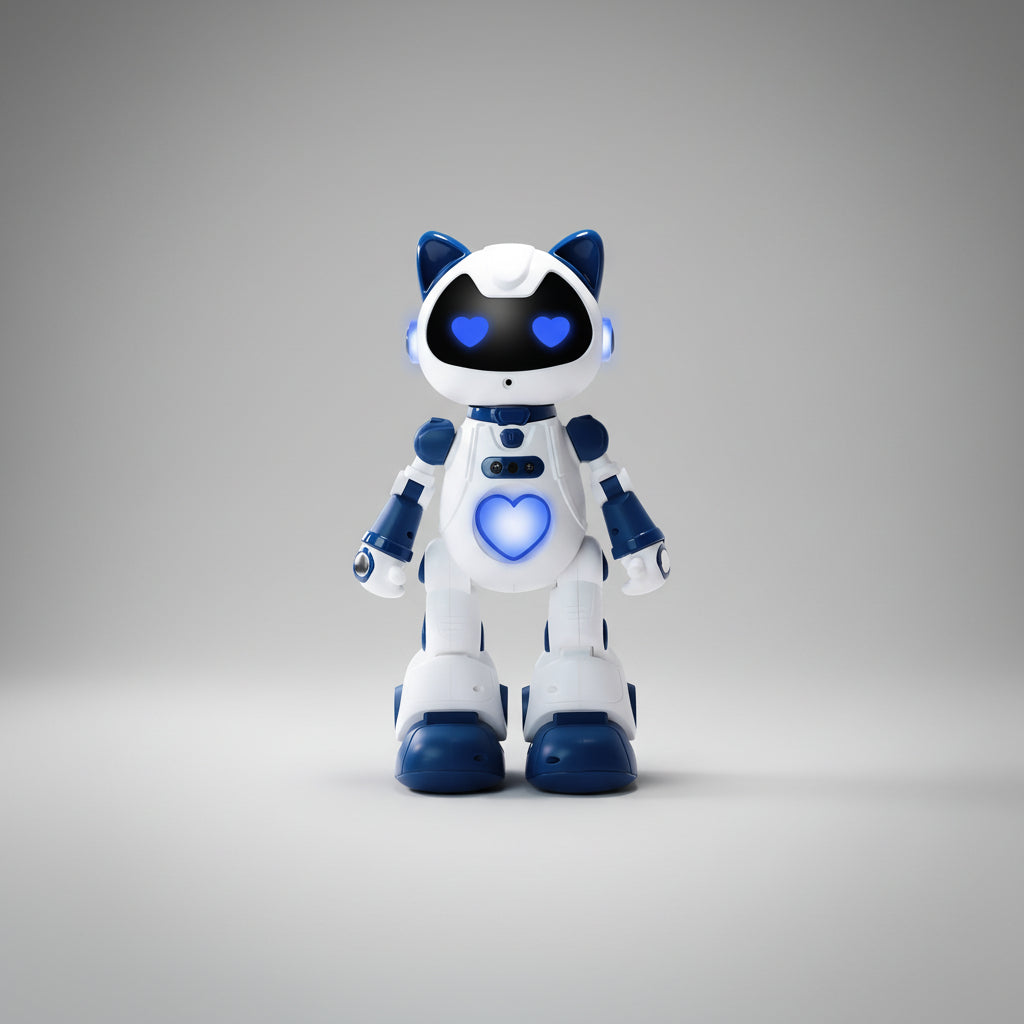 Toy robot with blue accents on a white background