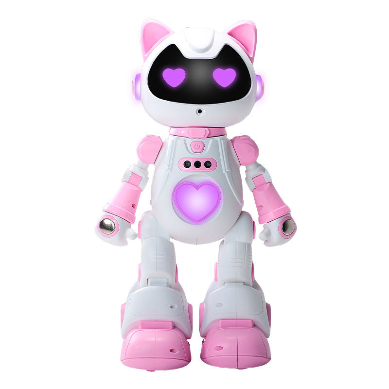 Toy robot with pink and white colors on a white background