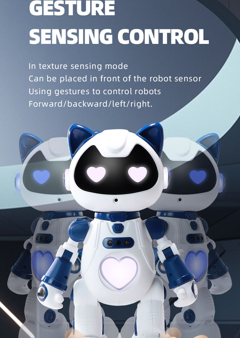 Toy robot with heart-shaped lights on a dark background, featuring text about gesture sensing control.