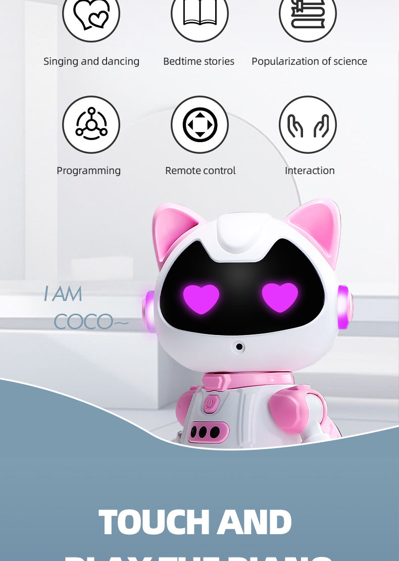 White and pink robot with cat ears and heart-shaped eyes on a white background