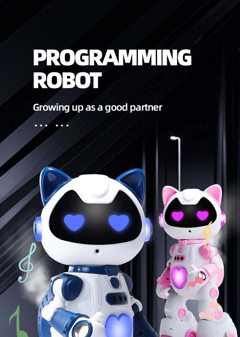 Two robot toys with cat ears on a black background with text about programming robots.