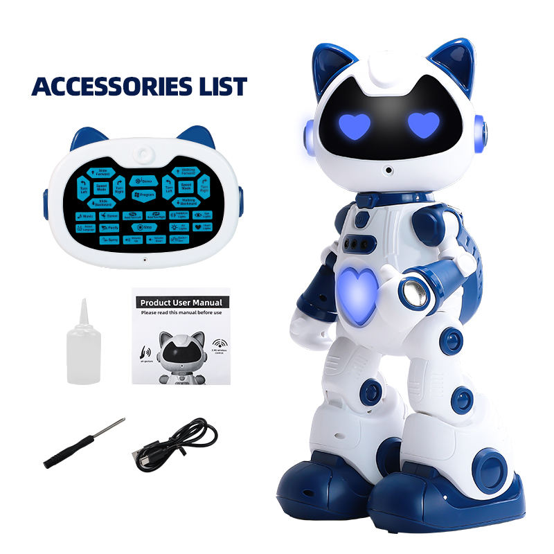 Toy robot with accessories including a remote control, user manual, and tools on a white background.