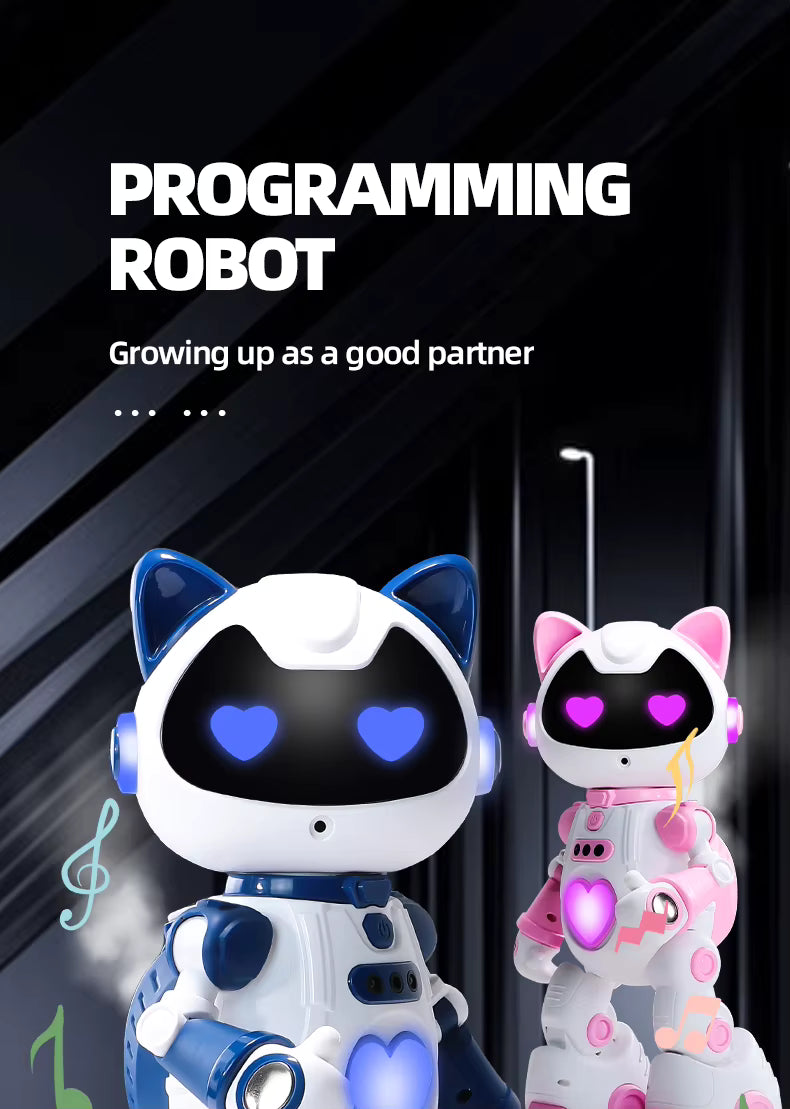 Two robot toys with cat ears on a black background with text about programming robots.
