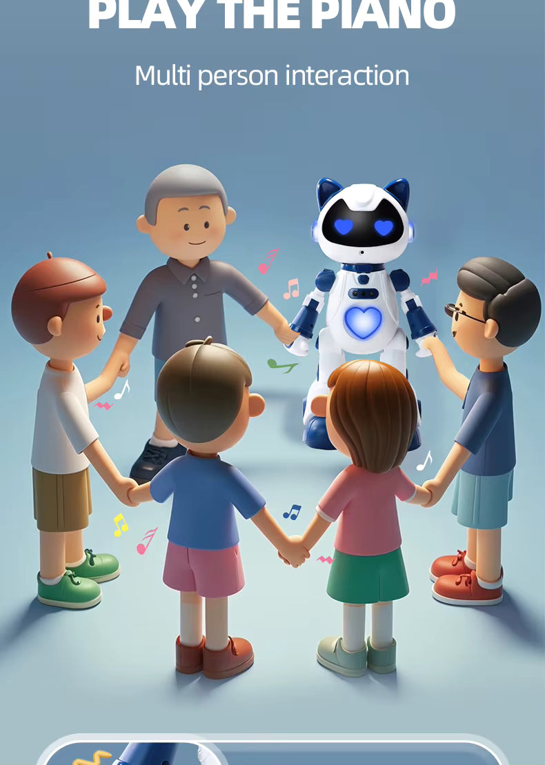Illustration of children and a robot playing the piano together on a blue background