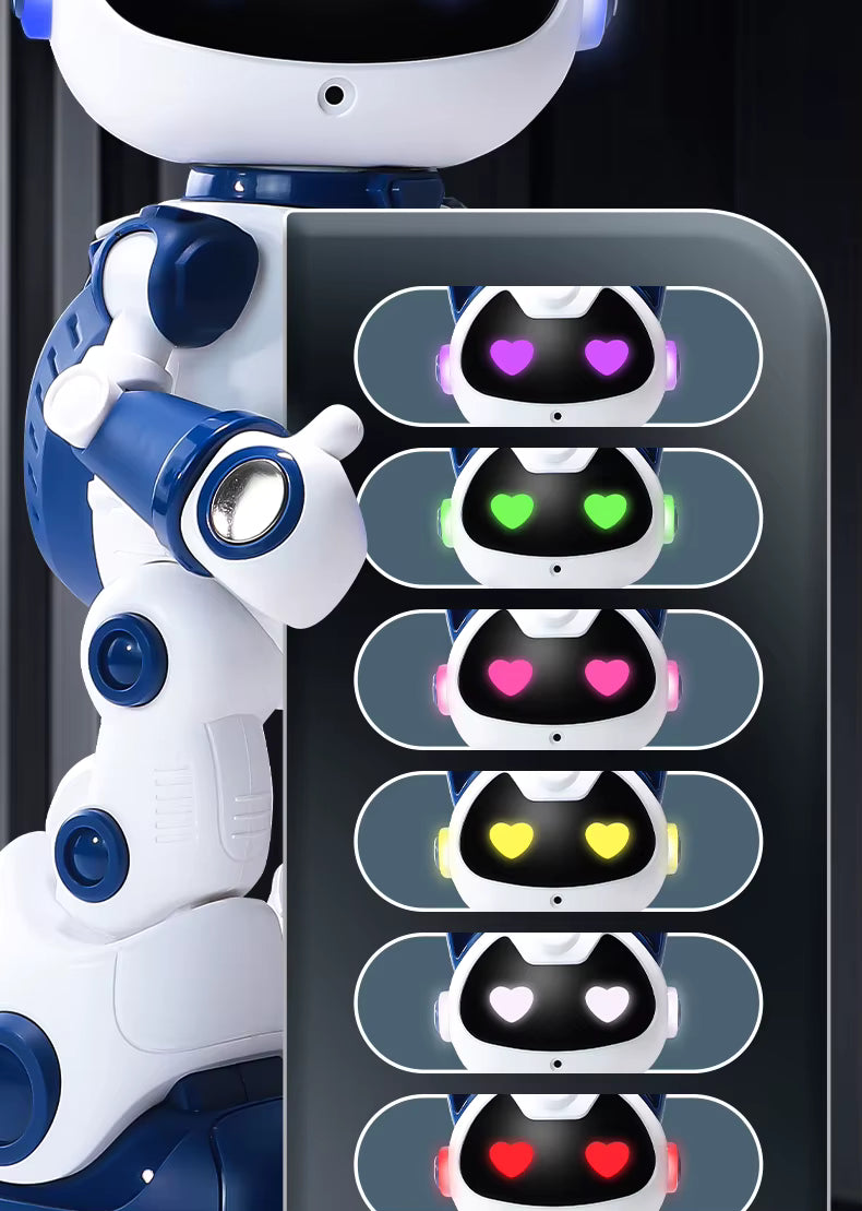 White and blue robot toy with a selection of face表情options on a dark background