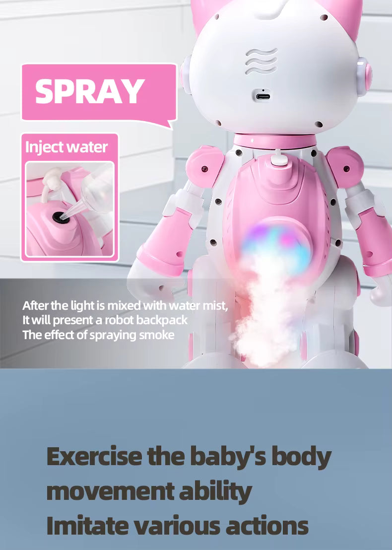Pink and white robot toy with spray feature on a light gray background