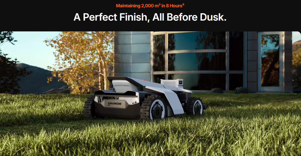 Robotic lawn mower on grass with text about maintaining 2,000 m^ in 8 hours before dusk.