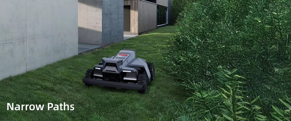 Robotic lawn mower navigating narrow paths on a grassy area with a building in the background.