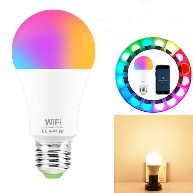 Smart light bulb with WiFi label, smartphone control interface, and a scene of the bulb in use.