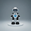 Toy robot with a white and black color scheme on a white background