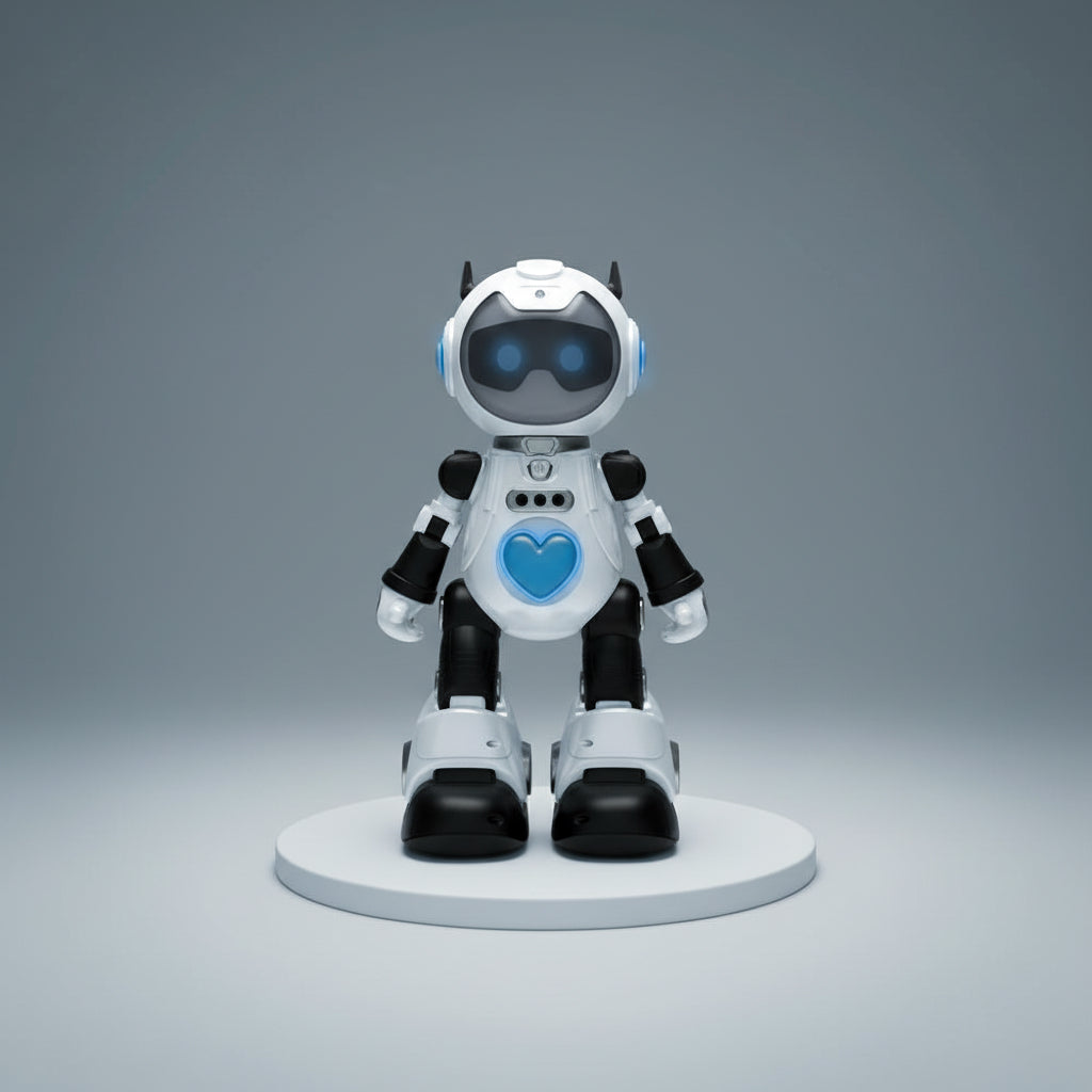 Toy robot with a white and black color scheme on a white background
