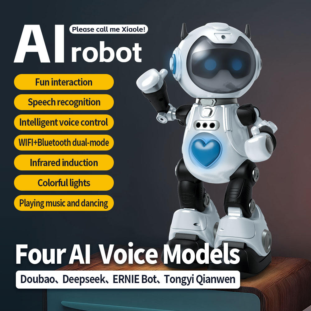 AI robot with features listed on a dark background