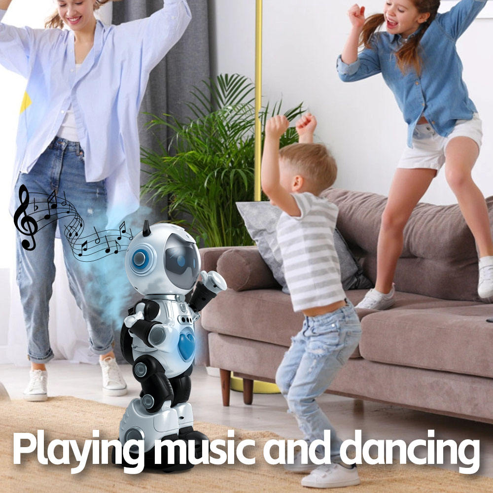 Children playing with a robot in a living room, with text indicating it's playing music and dancing.