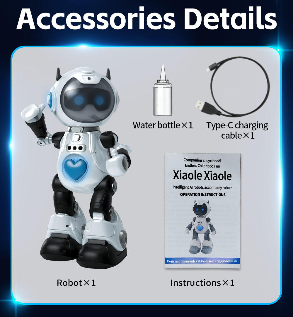 Robot toy with accessories including a water bottle, charging cable, and operation instructions on a blue background.