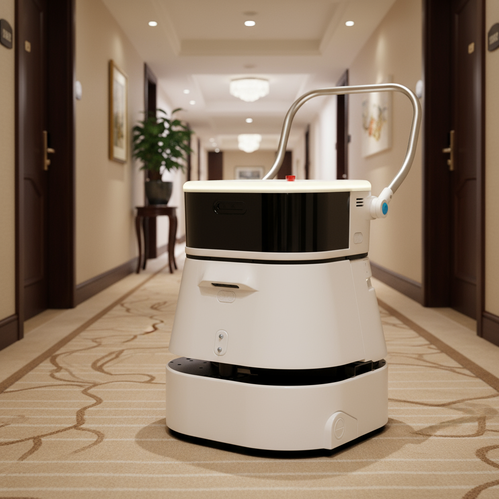 White robot in a hallway with beige carpet and walls