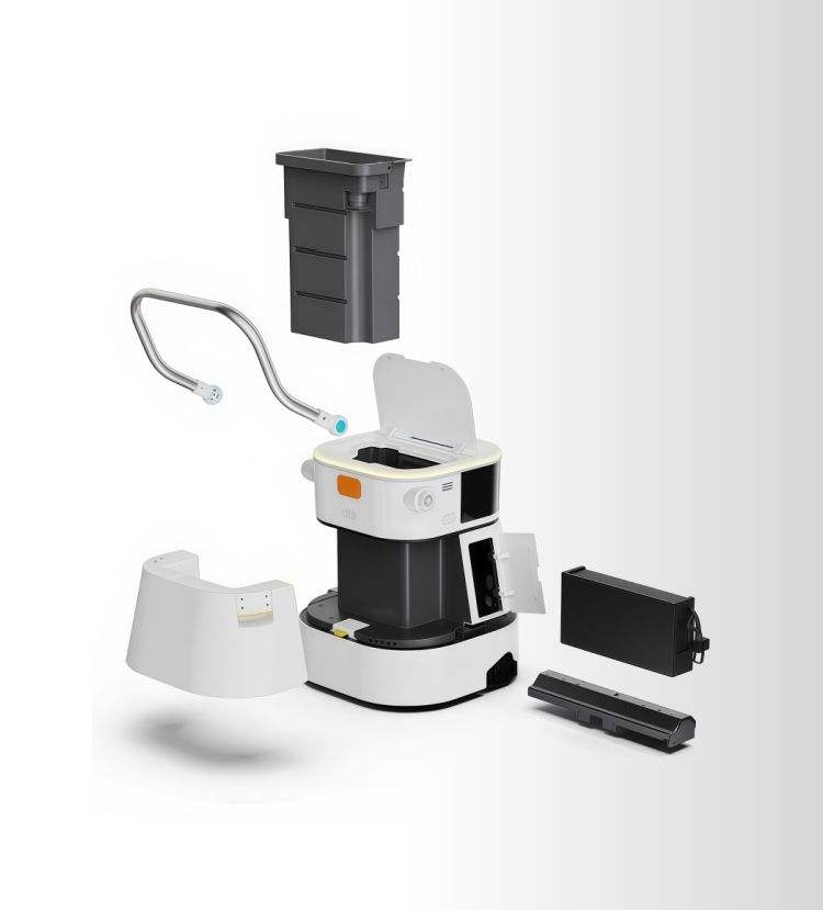 Cleaning robot with accessories on a white background
