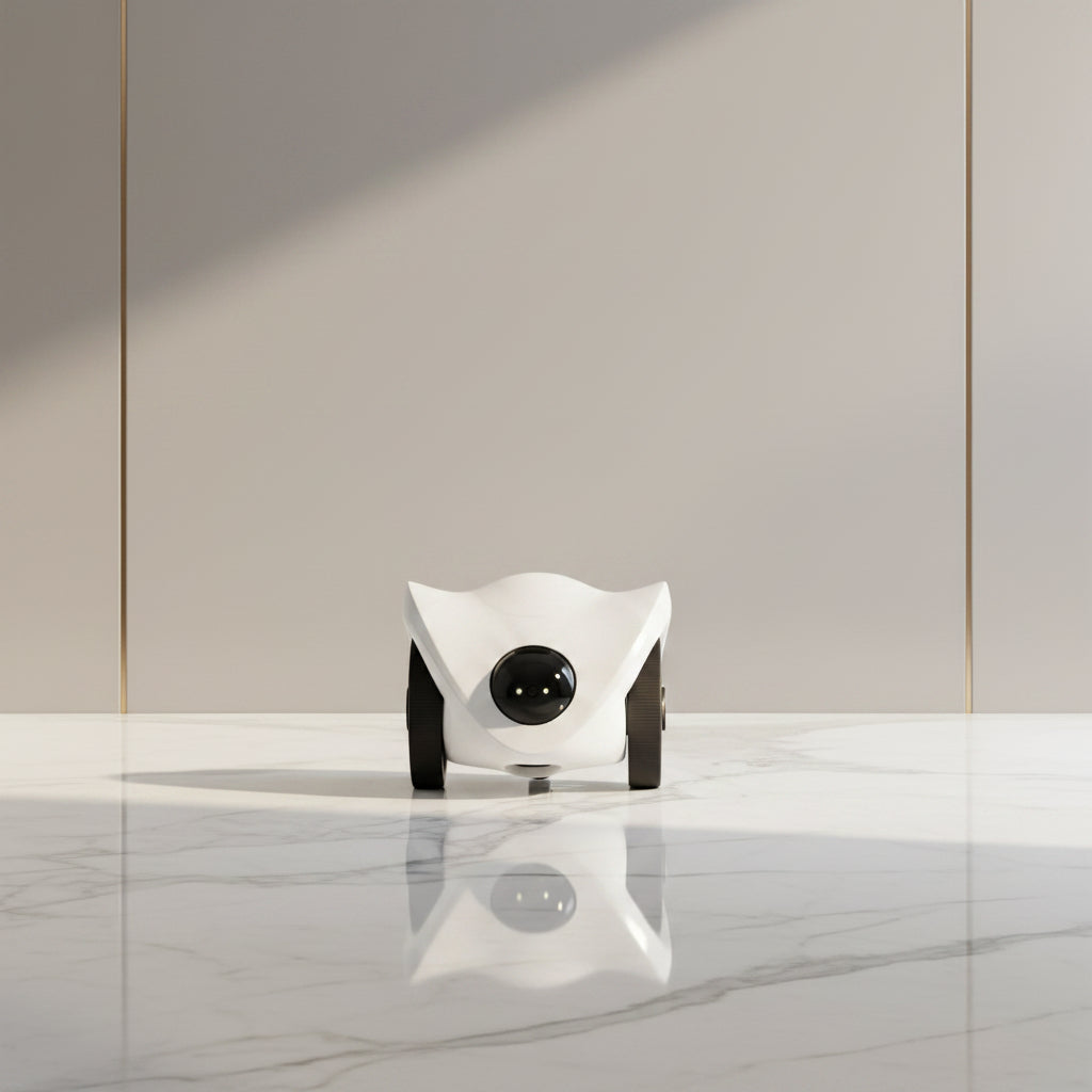 A white robotic home monitor with rear cameras sits on a wooden floor in a home setting. The image highlights features like 'WiFi Version Front and Rear Dual Cameras Monitoring & Feeding Machine' and 'Whole House Mobile Real-time Monitoring'.