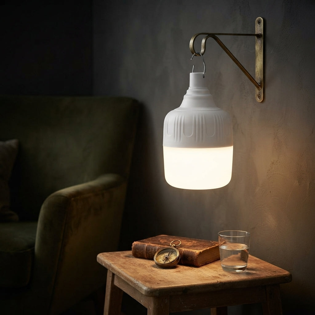 A wall-mounted pendant light with a white ribbed glass shade and an antique brass bracket, shown illuminated in a dimly lit room next to a wooden table with a book and glass.