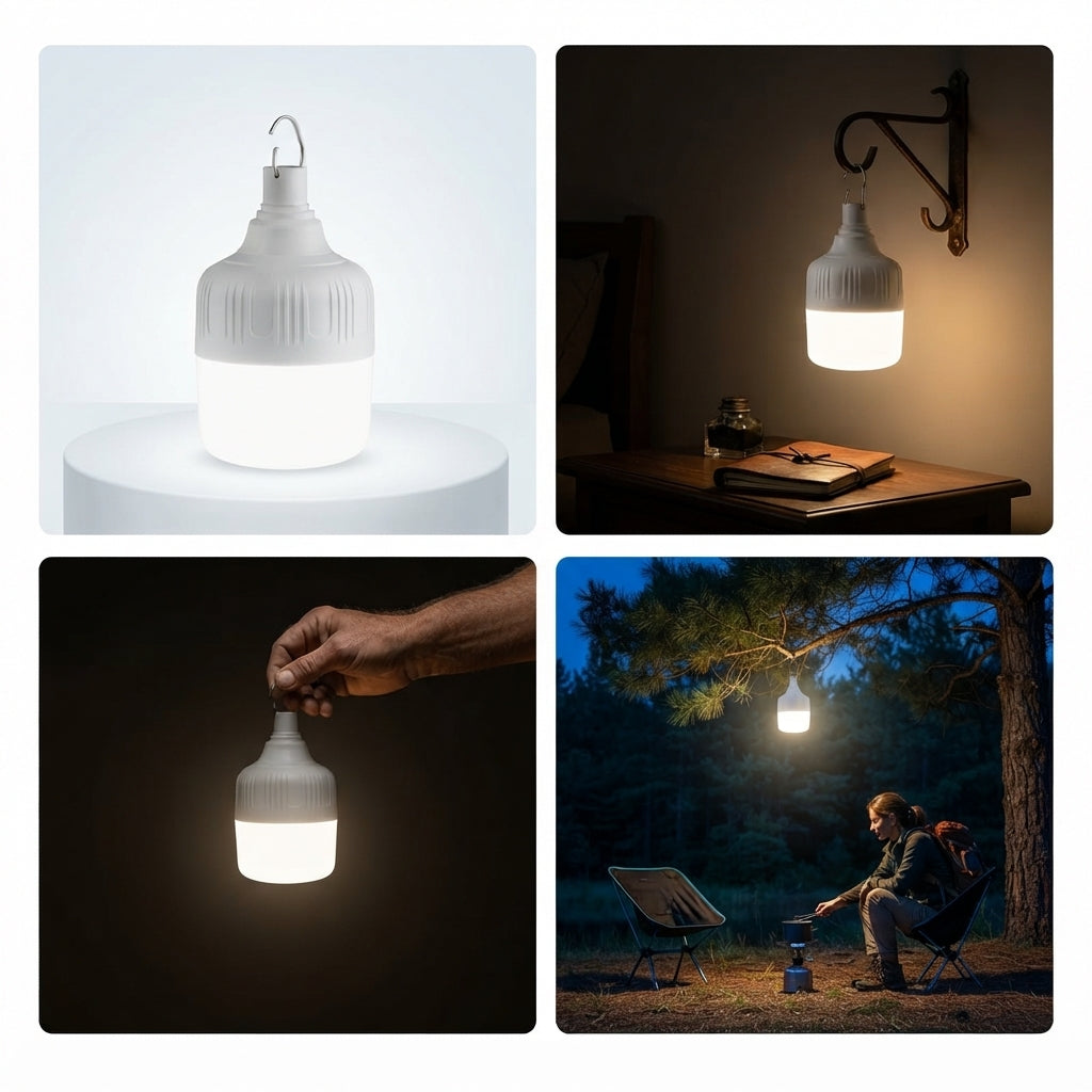 A four-panel collage showing a portable hanging LED light bulb in different use cases: on a white pedestal, mounted on a wall beside a table, held by a hand against a dark background, and lit at night outdoors near a campsite with a person sitting nearby.