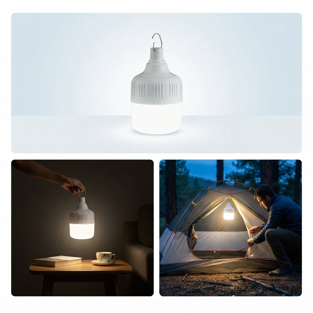A portable hanging LED lantern light shown in three views: a clean studio shot of the unlit product, a hand holding the glowing lantern beside a table, and the lantern lit inside a camping tent at dusk.