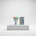 RGB LED light bulb with remote control on a white background