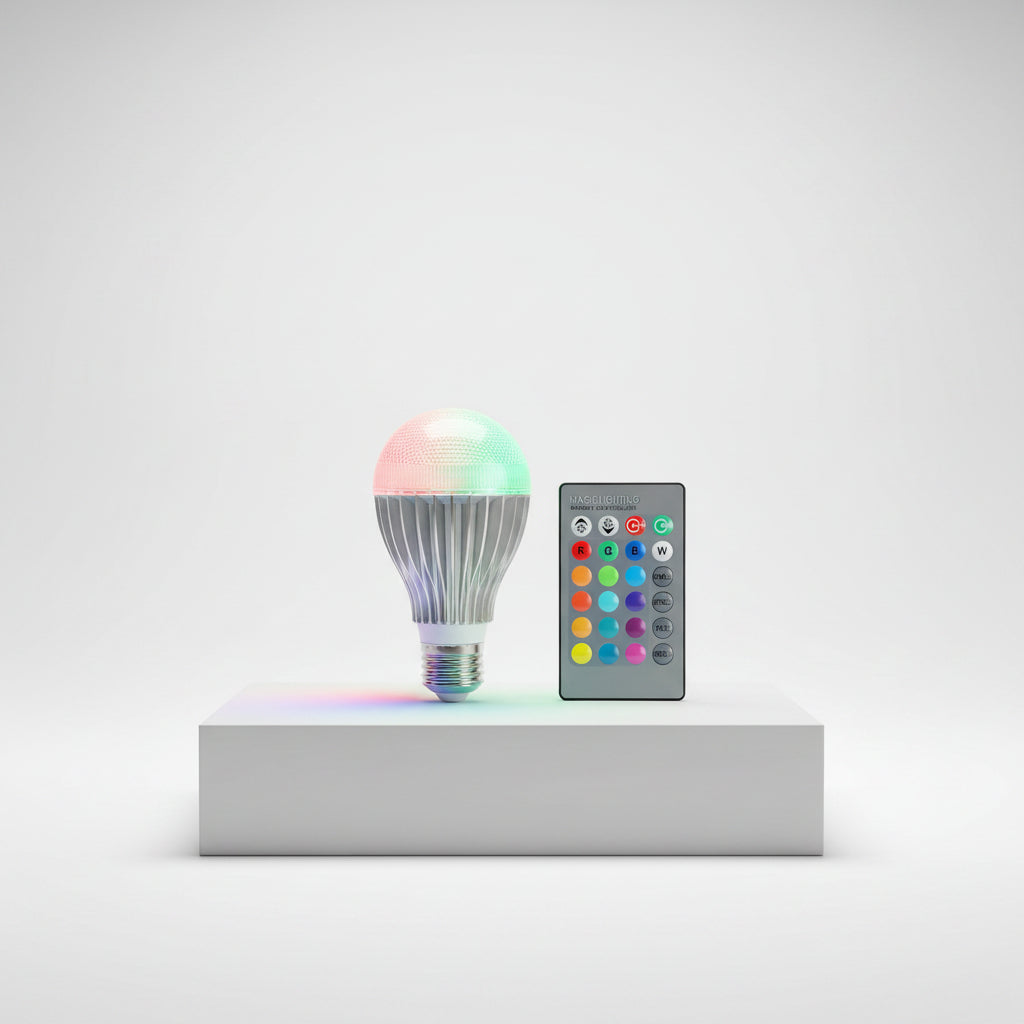 RGB LED light bulb with remote control on a white background