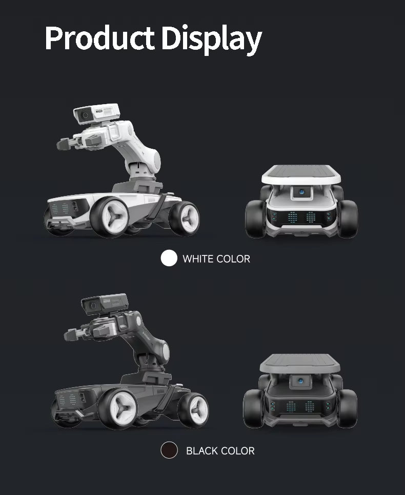 Product display of a robot with white and black color options on a dark background.