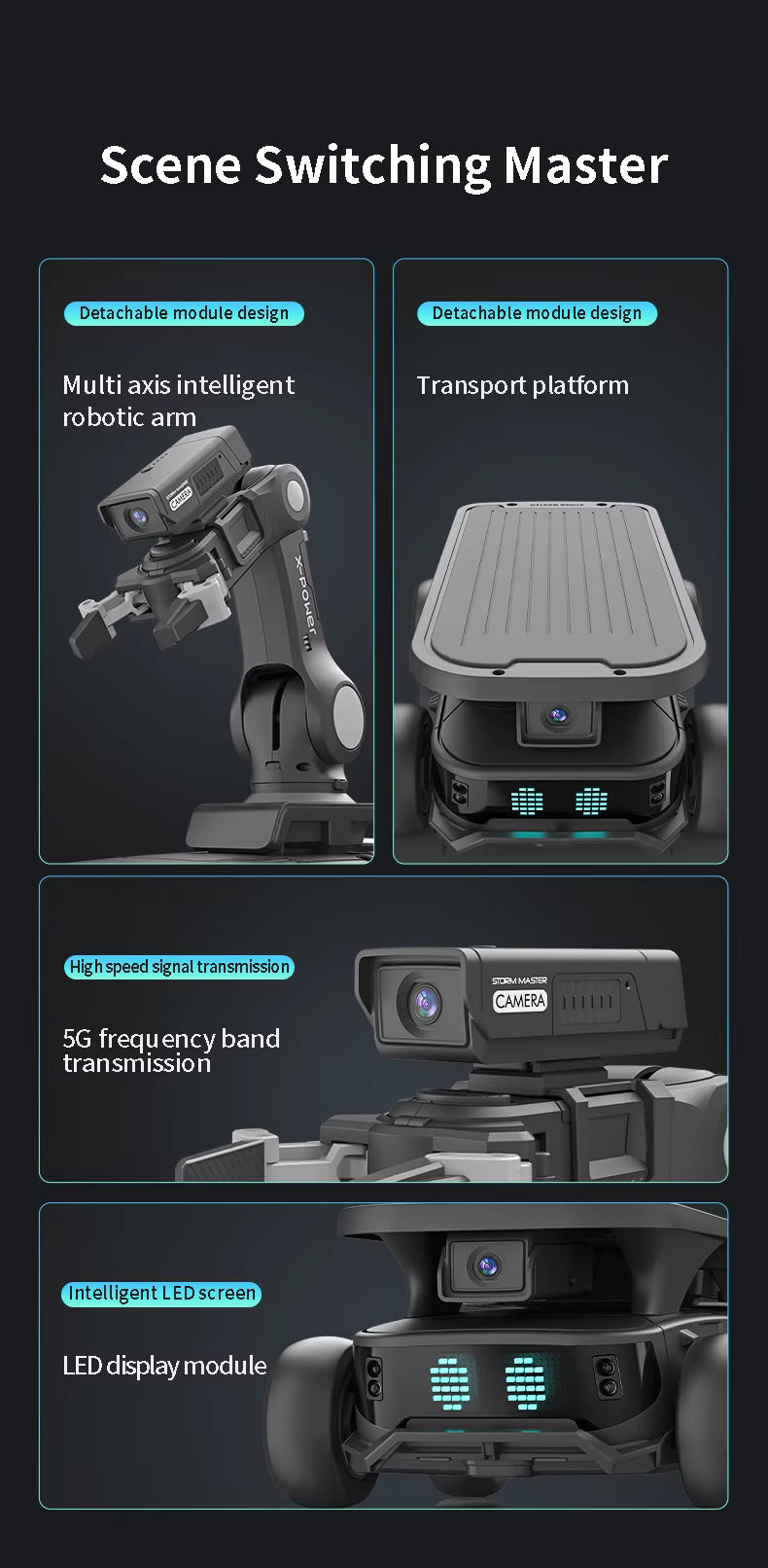 Scene Switching Master with detachable modules on a black background