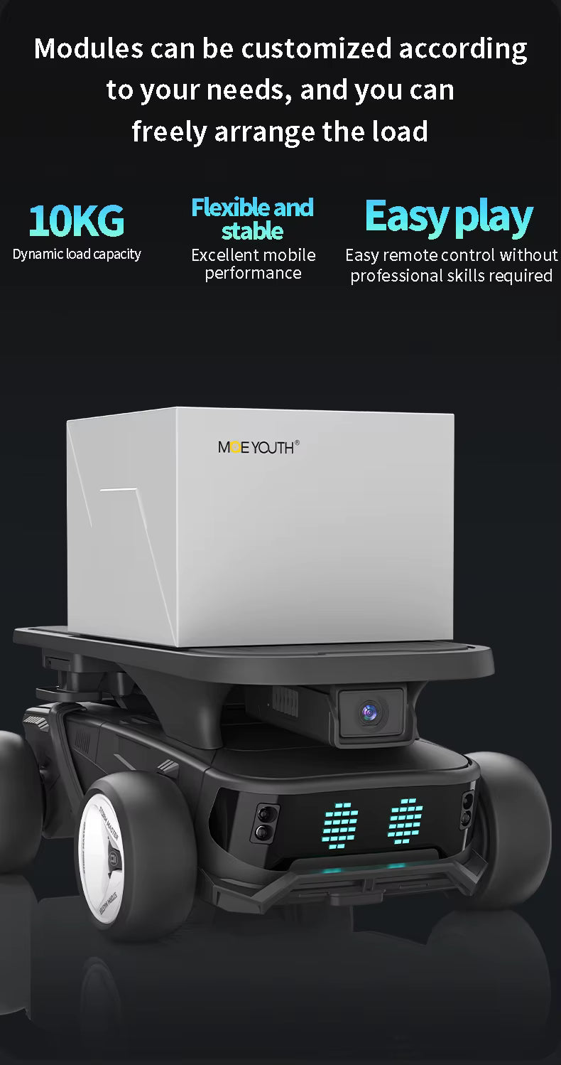 Robotic device with a white box on a black background, highlighting features like dynamic load capacity and remote control.
