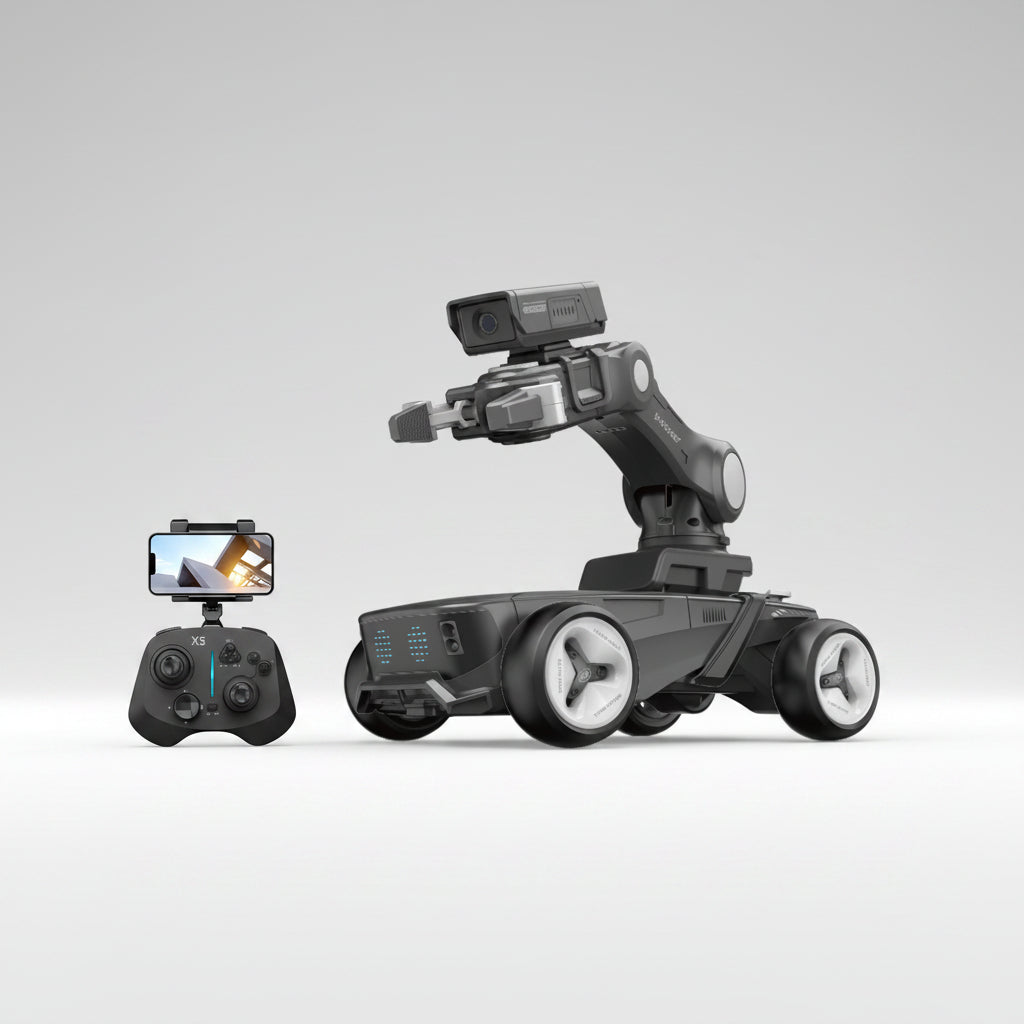Robotic device with camera and control panel next to a smartphone with app interface on a white background