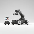 Robotic device with camera and control panel next to a smartphone with app interface on a white background