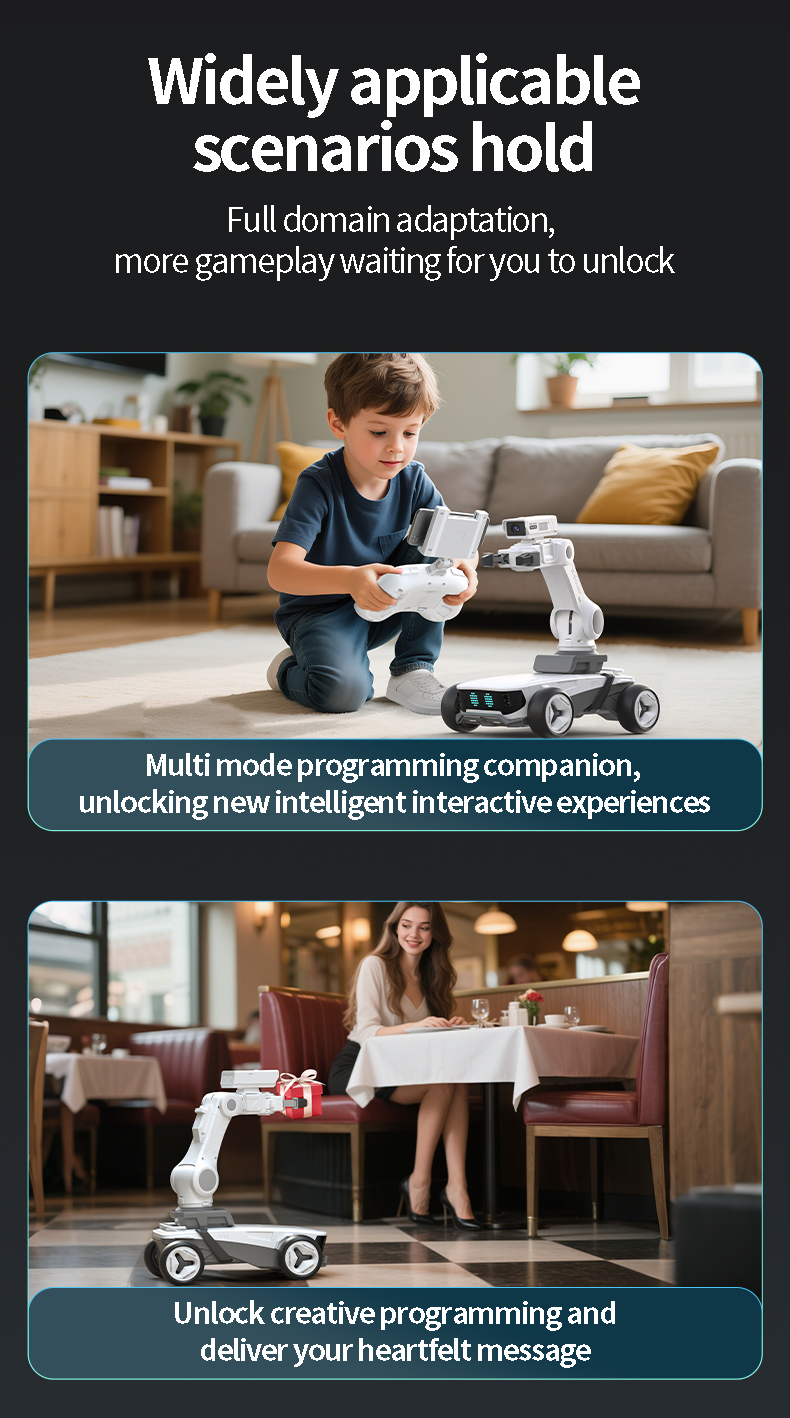 Child playing with a robot toy in a living room, with text about domain adaptation and interactive experiences.