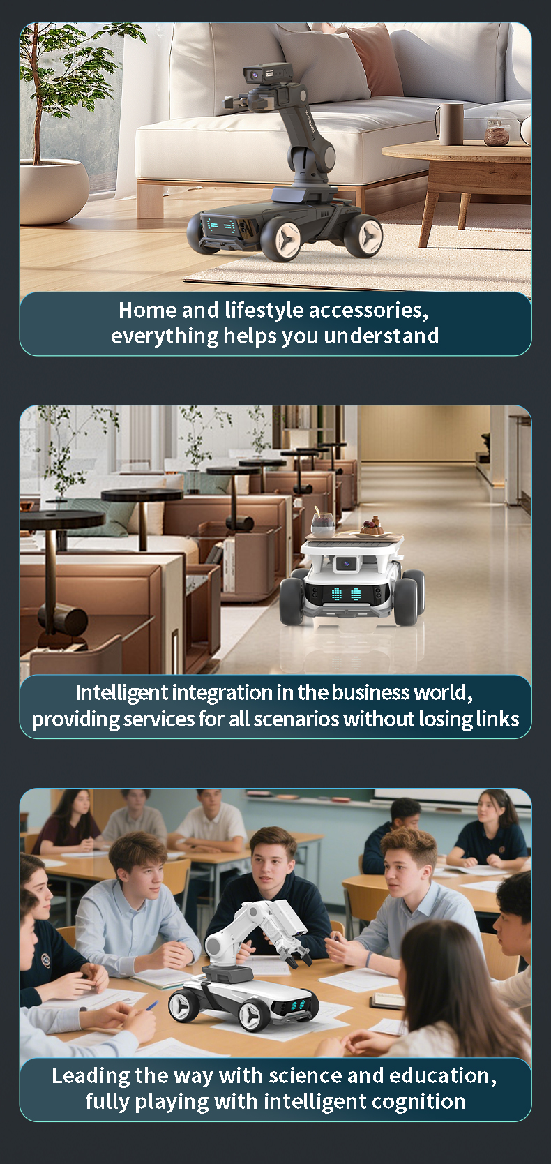 Robot in various settings with text about home, business, and education integration.