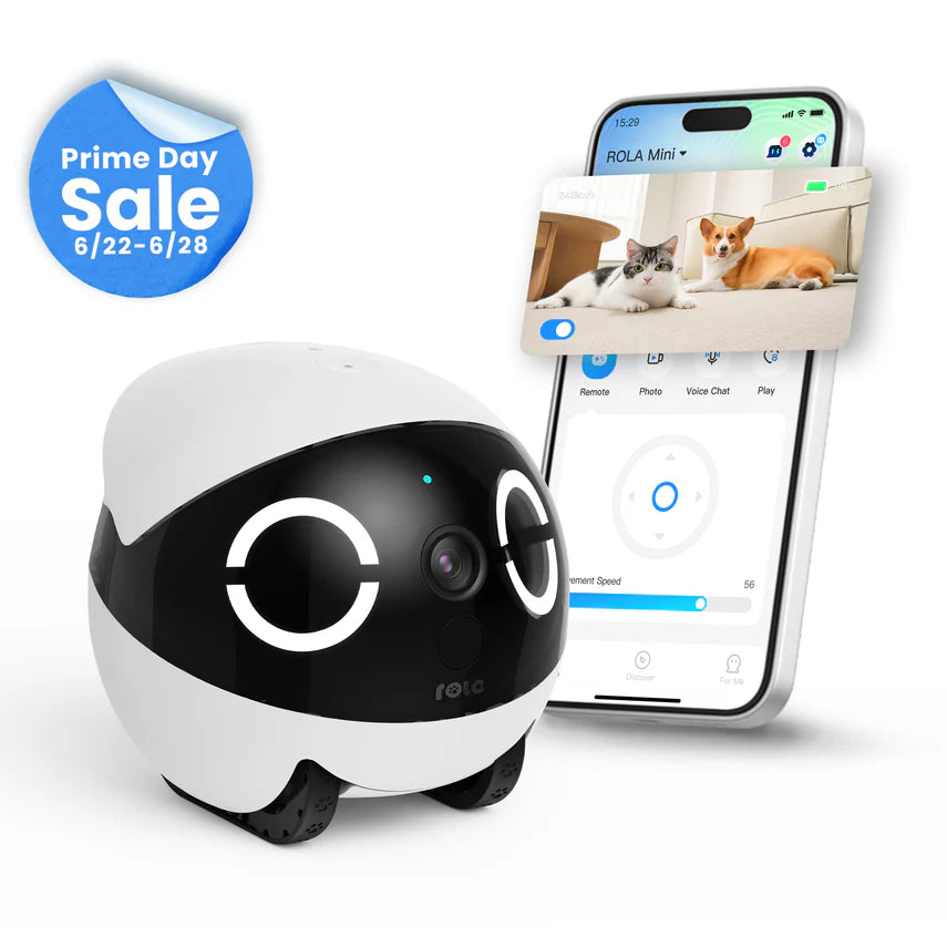  ROLA Mini pet monitor front view Robotic pet companion with smartphone displaying app interface on a white background, featuring Prime Day sale label.