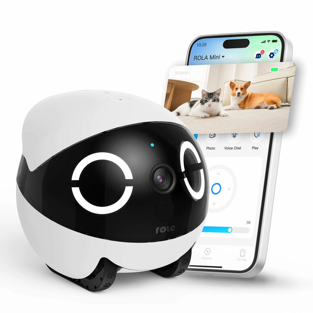   ROLA Mini pet monitor front view Robotic pet device with smartphone displaying app interface on a white background