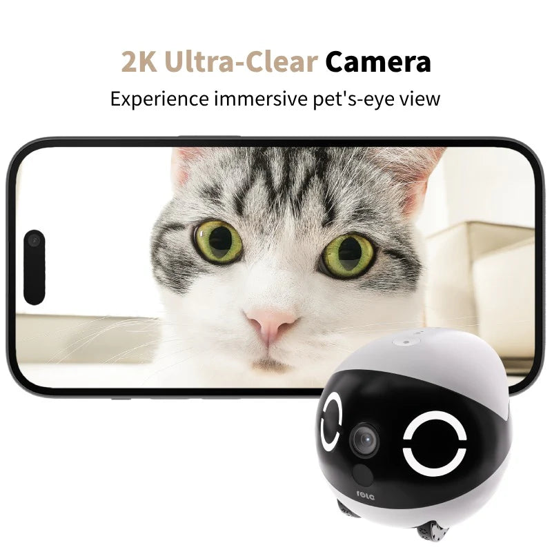 2K mobile pet camera robot Pet camera with a smartphone displaying a cat's face, emphasizing 2K ultra-clear camera quality.