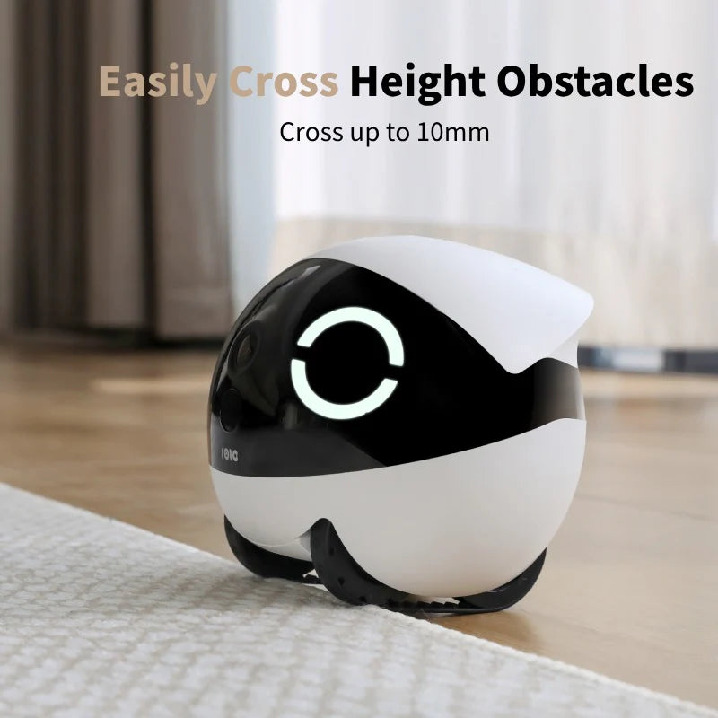 2K mobile pet camera robot Black and white robot crossing a height obstacle with text on a blurred indoor background