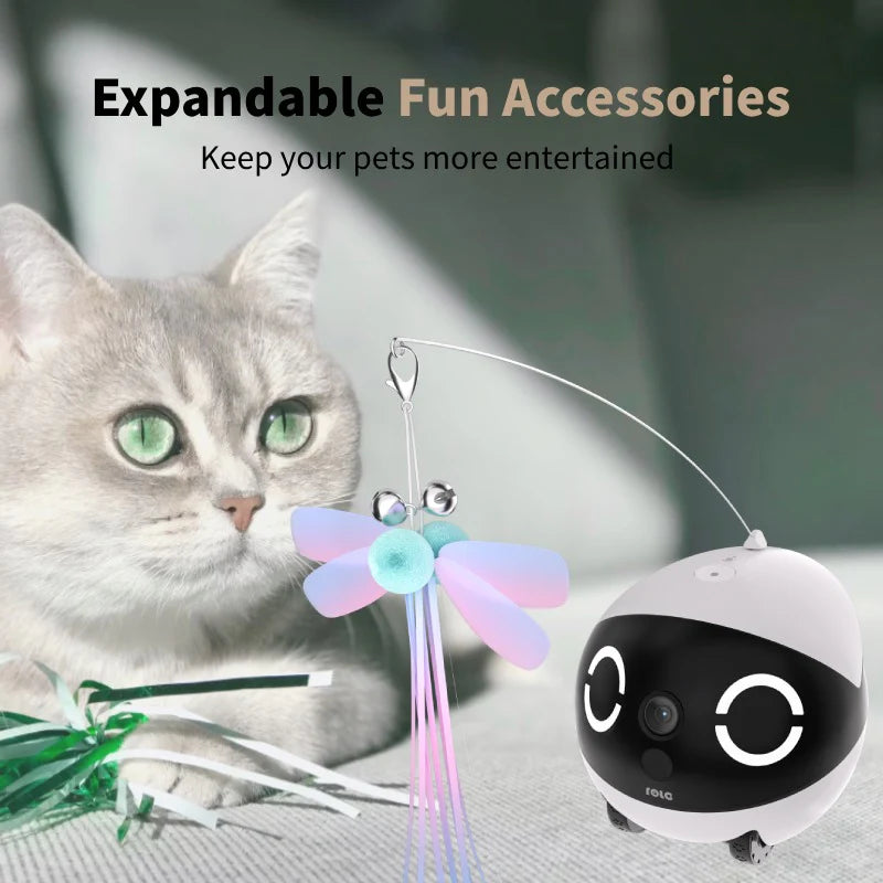 2K mobile pet camera robot Cat playing with a toy and a pet robot, with text 'Expandable Fun Accessories' and 'Keep your pets more entertained'.