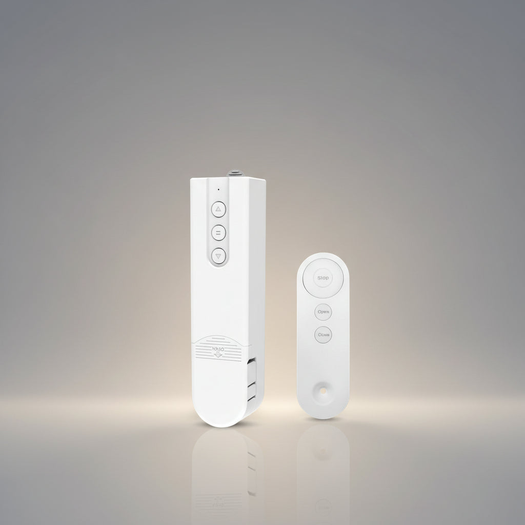 White remote control and receiver unit on a white background