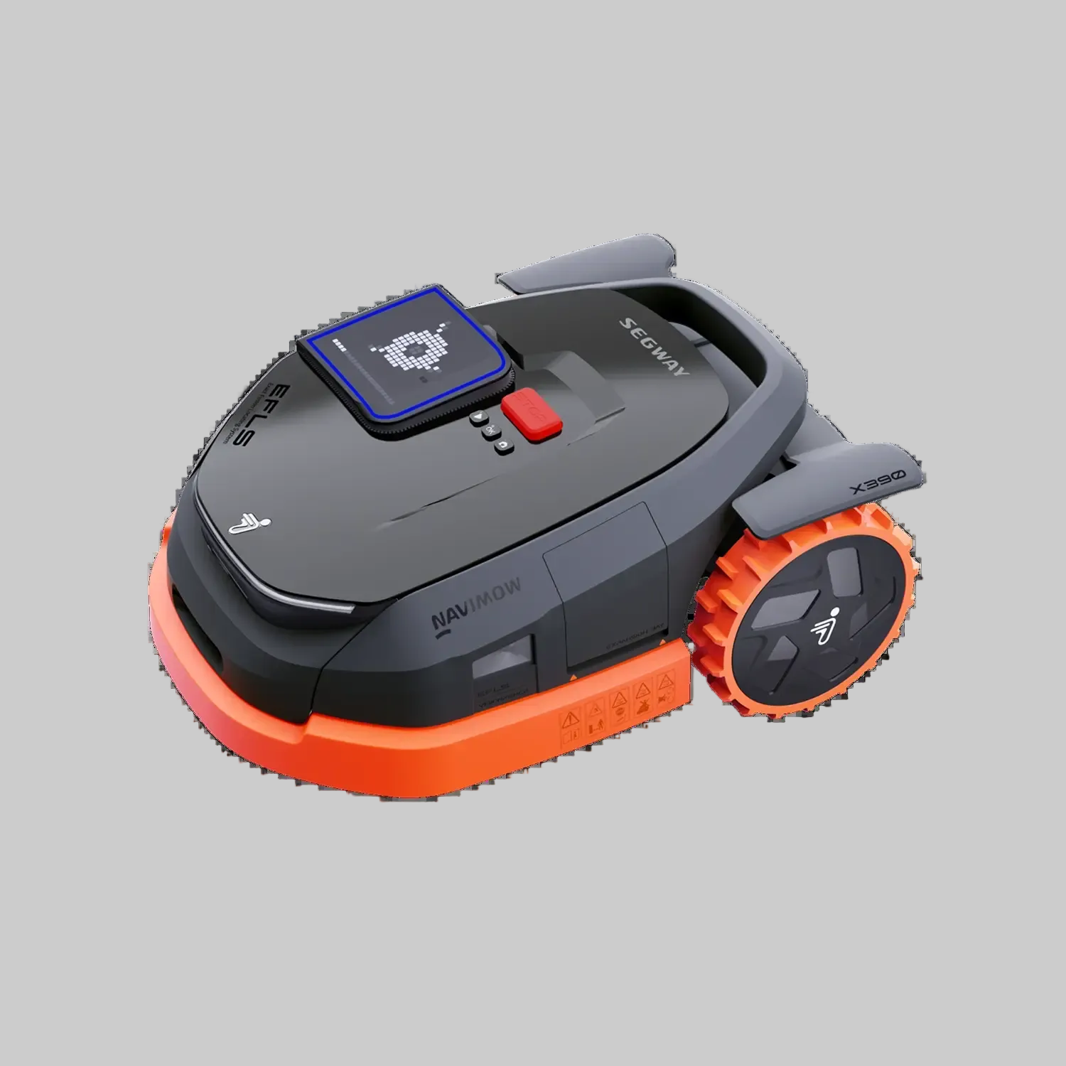 Robotic lawn mower with visible brand logo on a white background