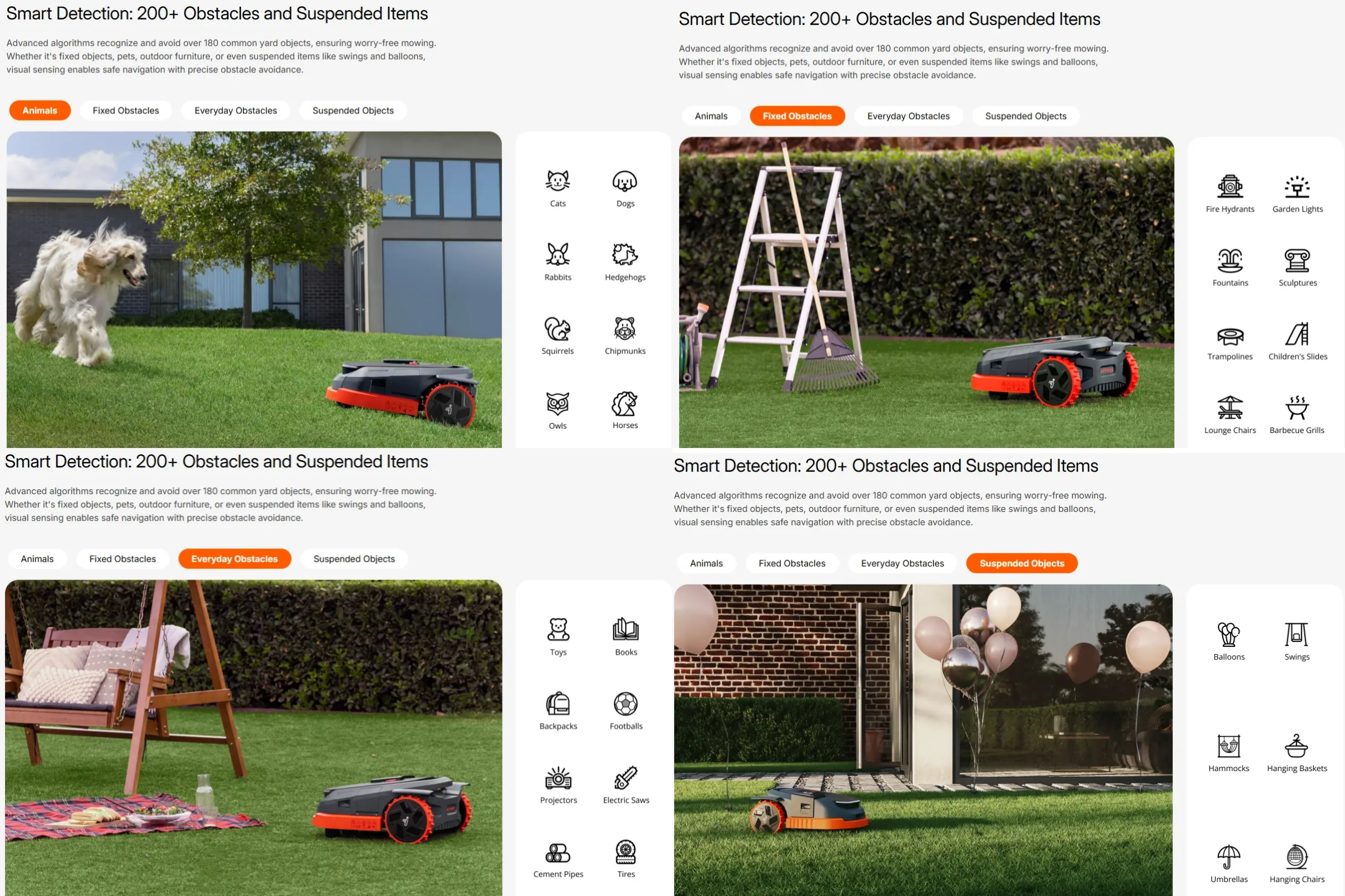 Smart robot lawn mower in various outdoor settings with a user interface overlay.