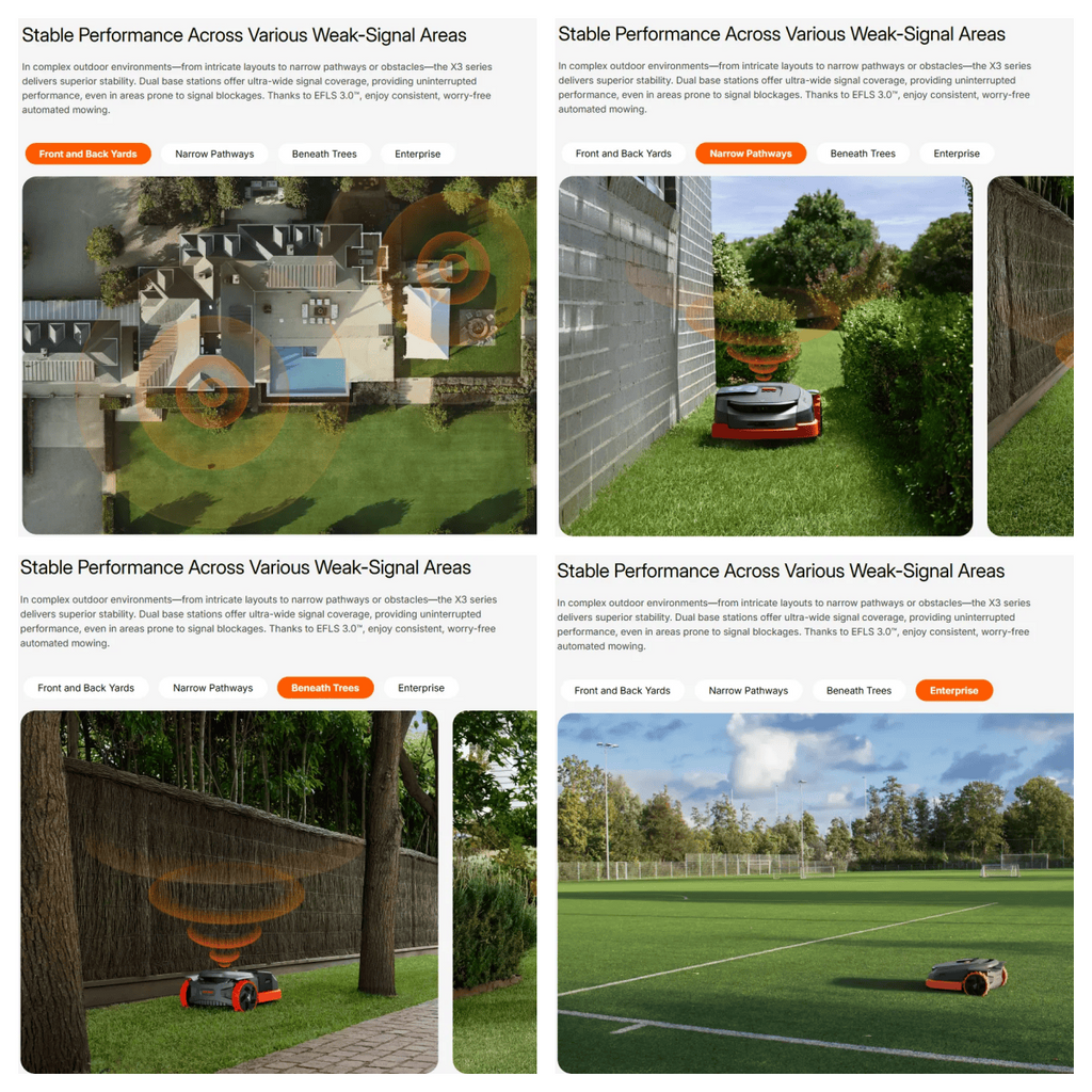 Multiple images of a lawn mower robot operating in various outdoor settings with text about stable performance.