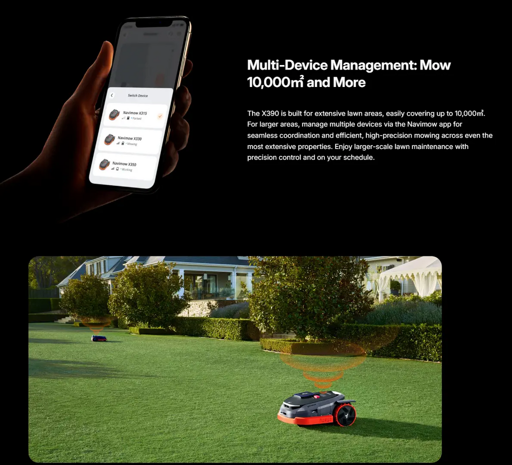 Smartphone app interface and robot lawn mower on a lawn with text about multi-device management.